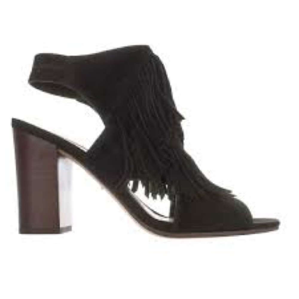 Sam Edelman Elaine Boho Black Suede Leather Fringe Open Toe Heeled Sandals  6.5